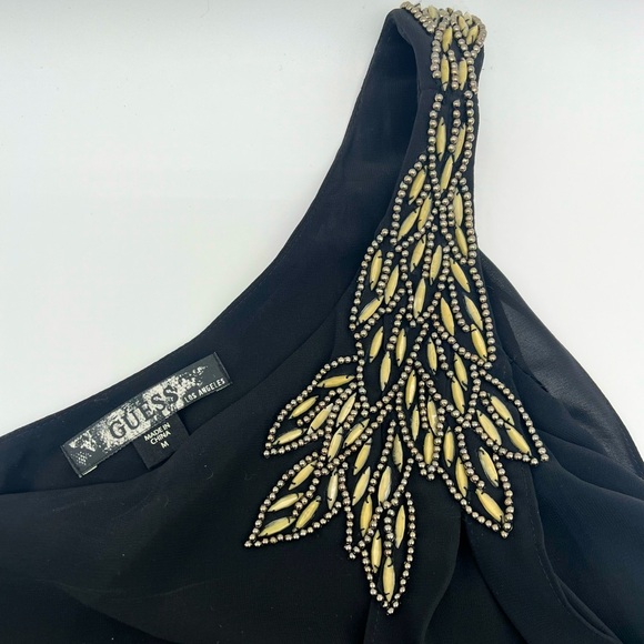 Guess Black one shoulder asymmetric blouse, cream Gold Beading, flowy, boho Med - Picture 2 of 4